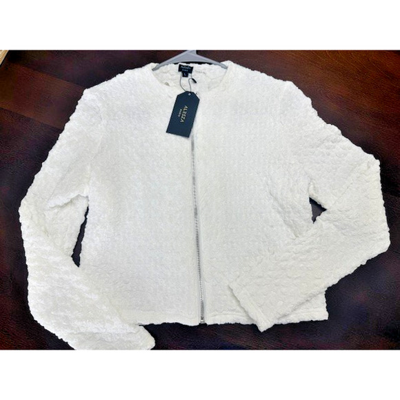 JIFFY POP ZIPPER CARDIGAN Aleeza Paris White Silver Zip Crinkle Top Sz Large NEW - Picture 4 of 10